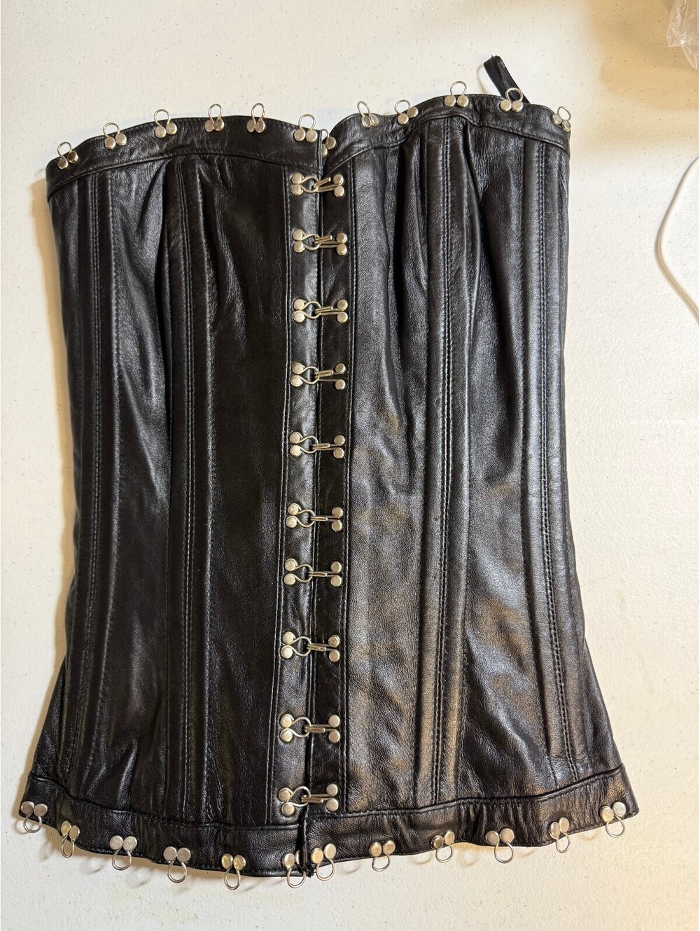 Black Genuine Soft Leather Corset with Hook and Eye Closure and Lace-Up Back
